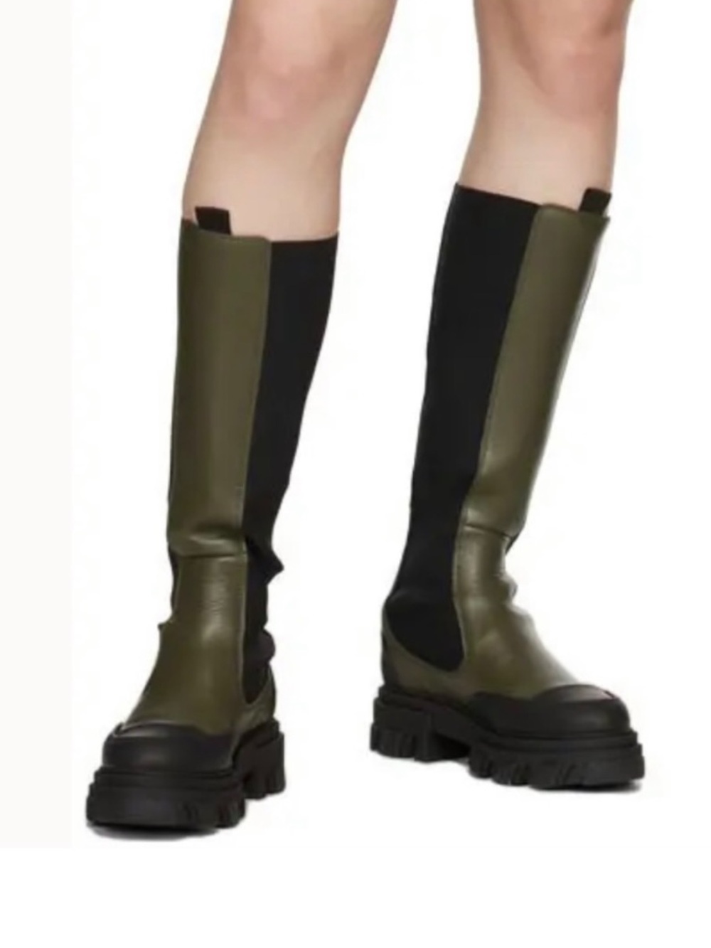 Ganni Olive Green and Black Over-the-Knee Lug Sole Boots
